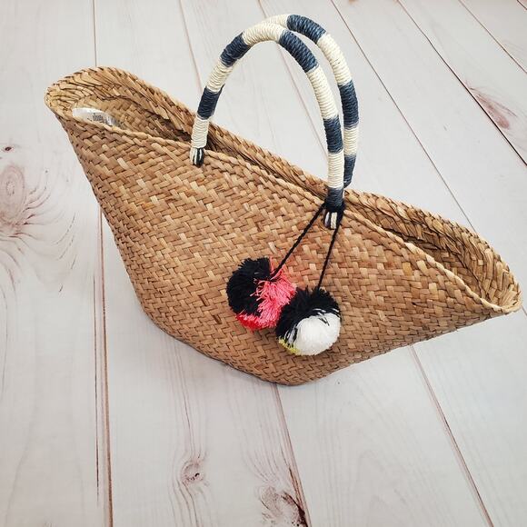 Gap Straw Pom Pom Basket Bag Tan Multi - Picture 7 of 15